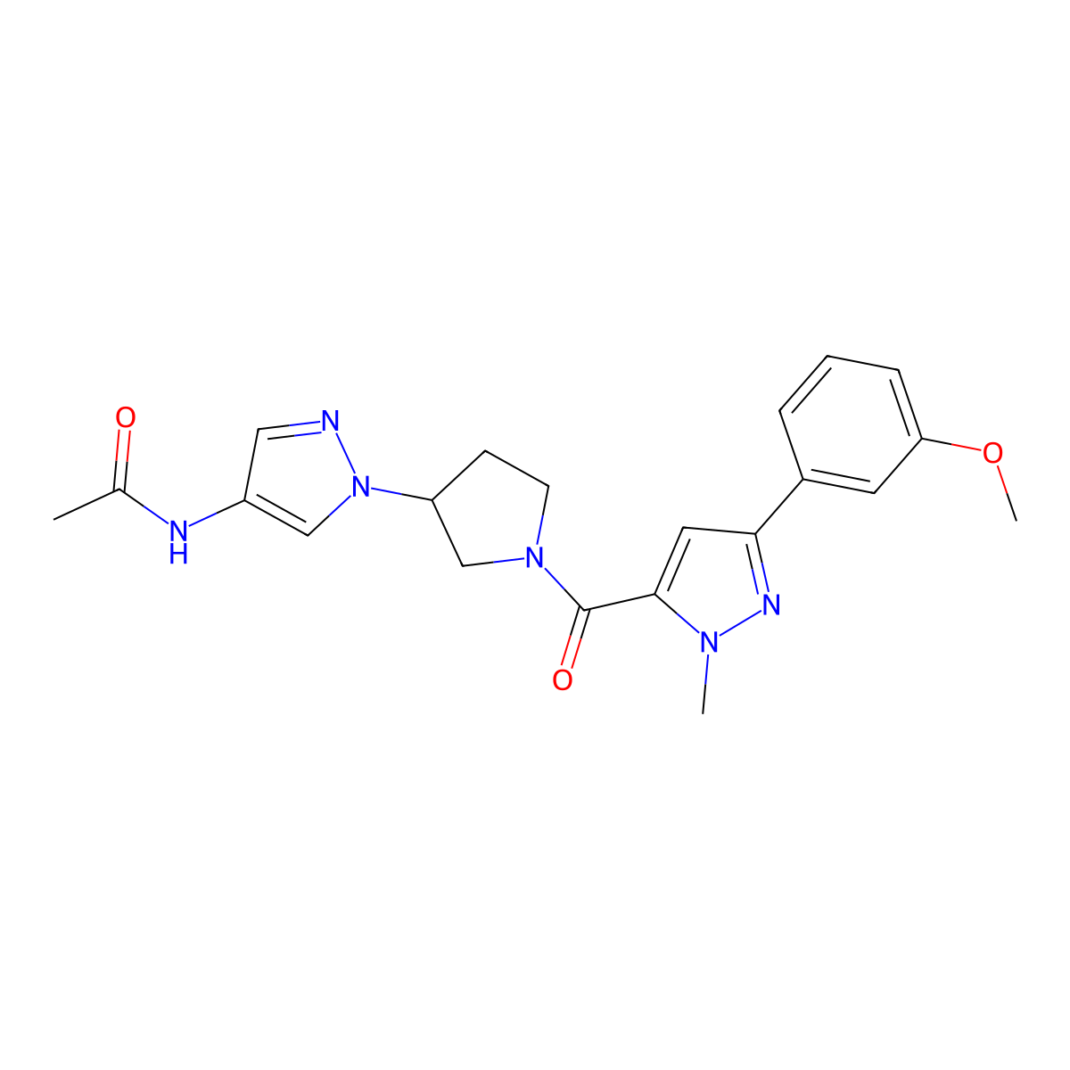 N-(1-{1-[3-(3-methoxyphenyl)-1-methyl-1H-pyrazole-5-carbonyl]pyrrolidin-3-yl}-1H-pyrazol-4-yl)acetamide molecular structure, CAS 2415629-53-5