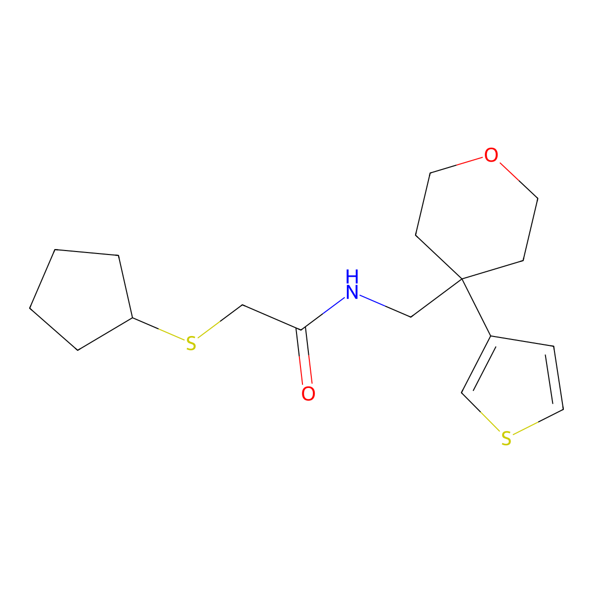2-(cyclopentylsulfanyl)-N-{[4-(thiophen-3-yl)oxan-4-yl]methyl}acetamide molecular structure, CAS 2415629-57-9