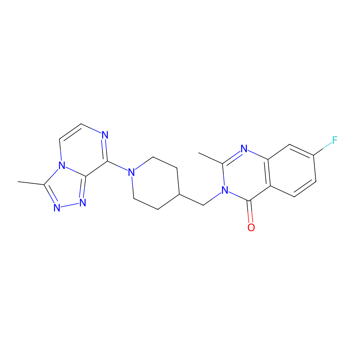 7-Fluoro-2-methyl-3-[(1-{3-methyl-[1,2,4]triazolo[4,3-a]pyrazin-8-yl}piperidin-4-yl)methyl]-3,4-dihydroquinazolin-4-one molecular structure, CAS 2415629-58-0