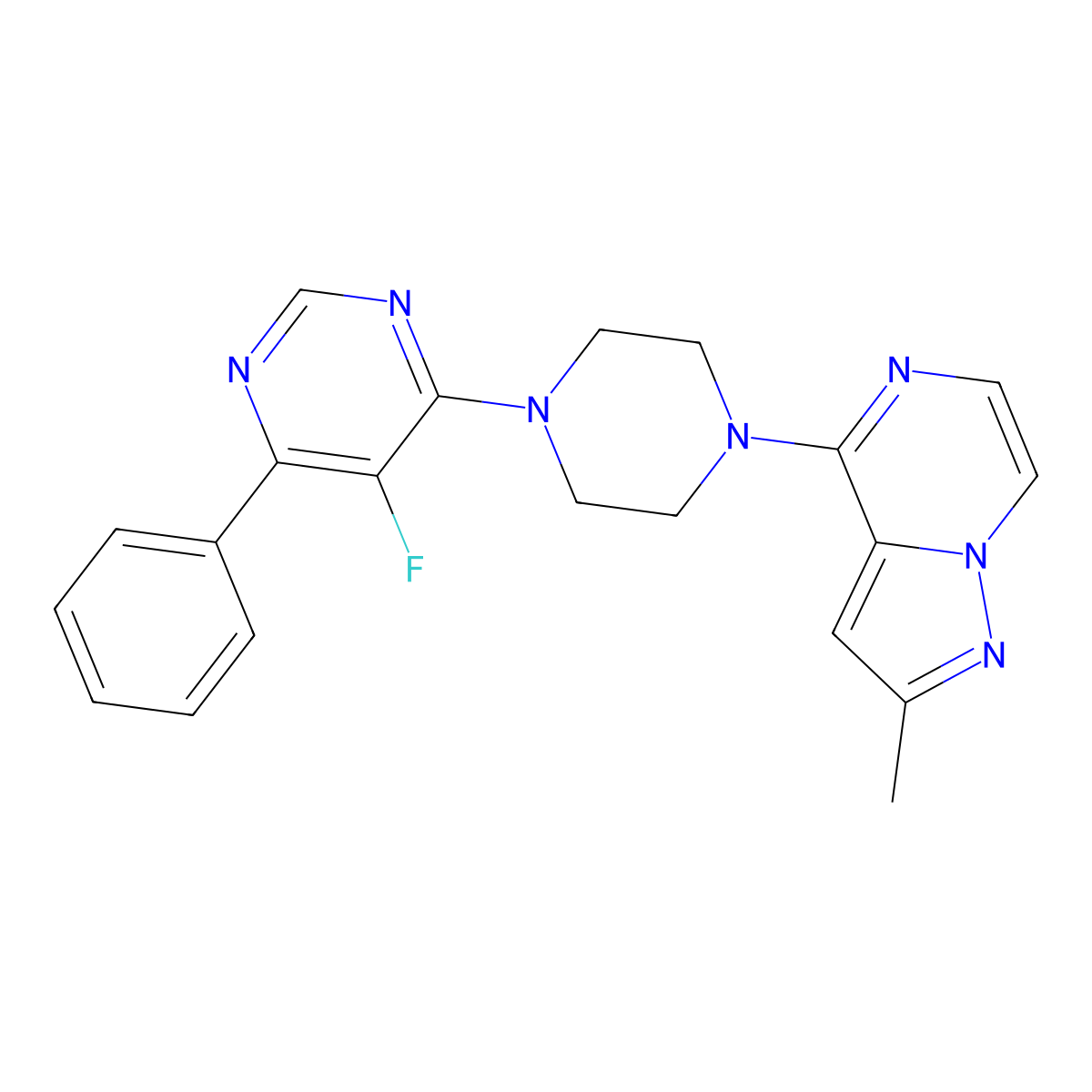 5-Fluoro-4-(4-{2-methylpyrazolo[1,5-a]pyrazin-4-yl}piperazin-1-yl)-6-phenylpyrimidine molecular structure, CAS 2415629-99-9