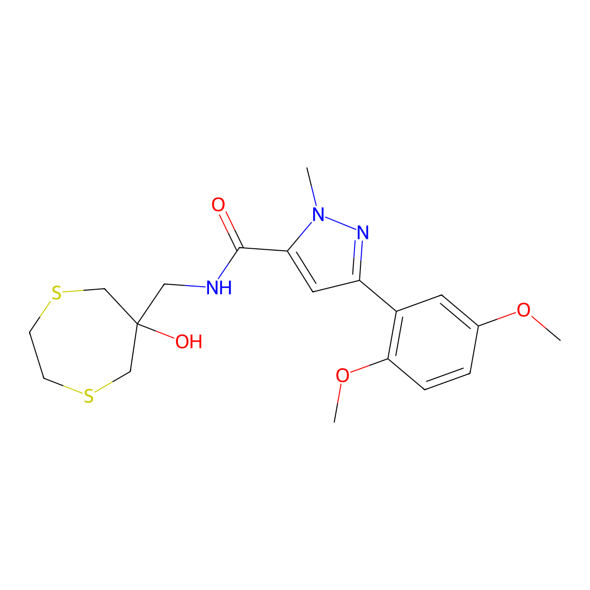 3-(2,5-dimethoxyphenyl)-N-[(6-hydroxy-1,4-dithiepan-6-yl)methyl]-1-methyl-1H-pyrazole-5-carboxamide molecular structure, CAS 2415630-04-3