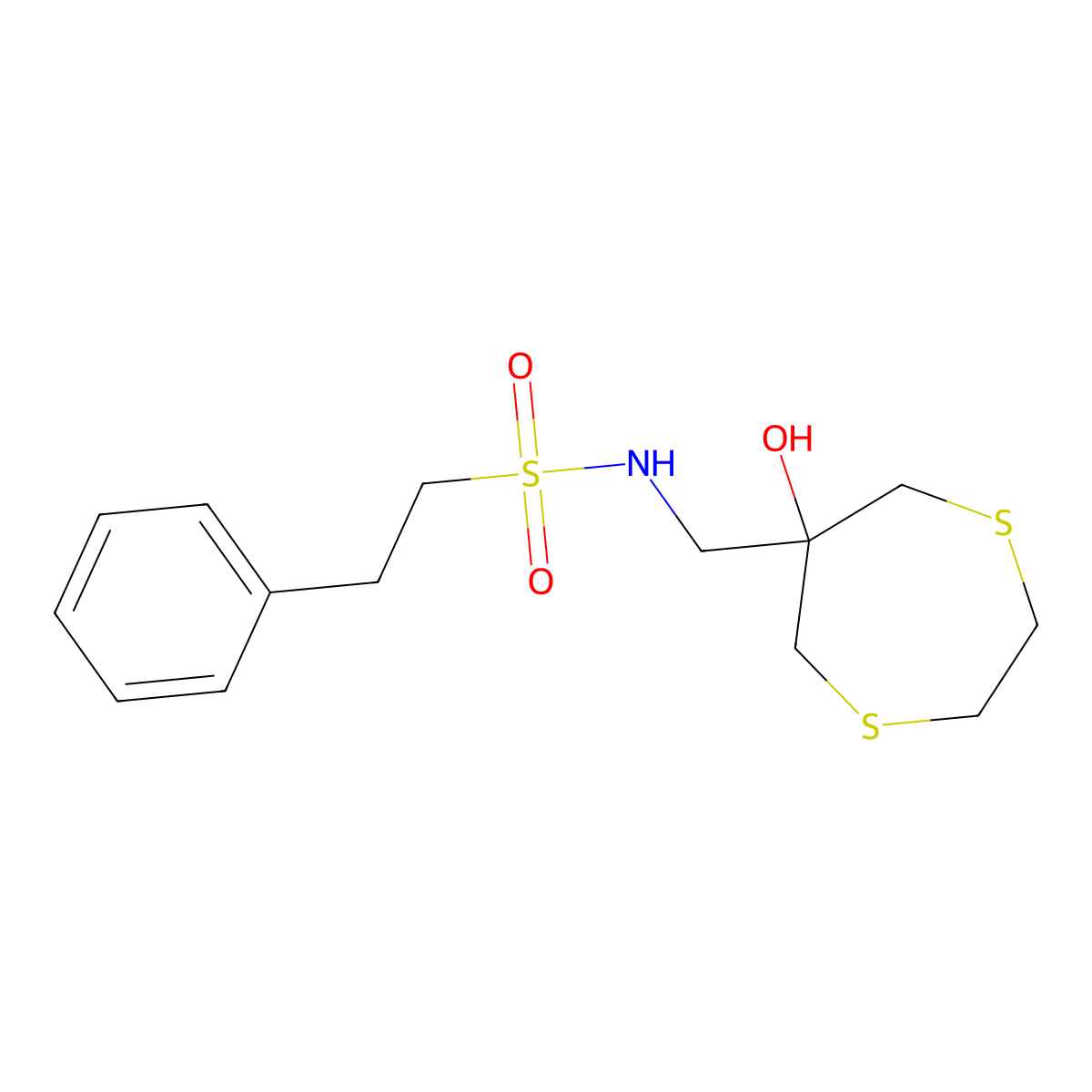 N-[(6-hydroxy-1,4-dithiepan-6-yl)methyl]-2-phenylethane-1-sulfonamide molecular structure, CAS 2415630-13-4
