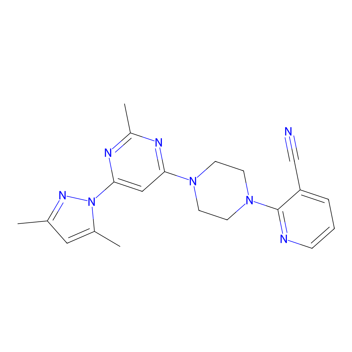 2-{4-[6-(3,5-dimethyl-1H-pyrazol-1-yl)-2-methylpyrimidin-4-yl]piperazin-1-yl}pyridine-3-carbonitrile molecular structure, CAS 2415630-20-3