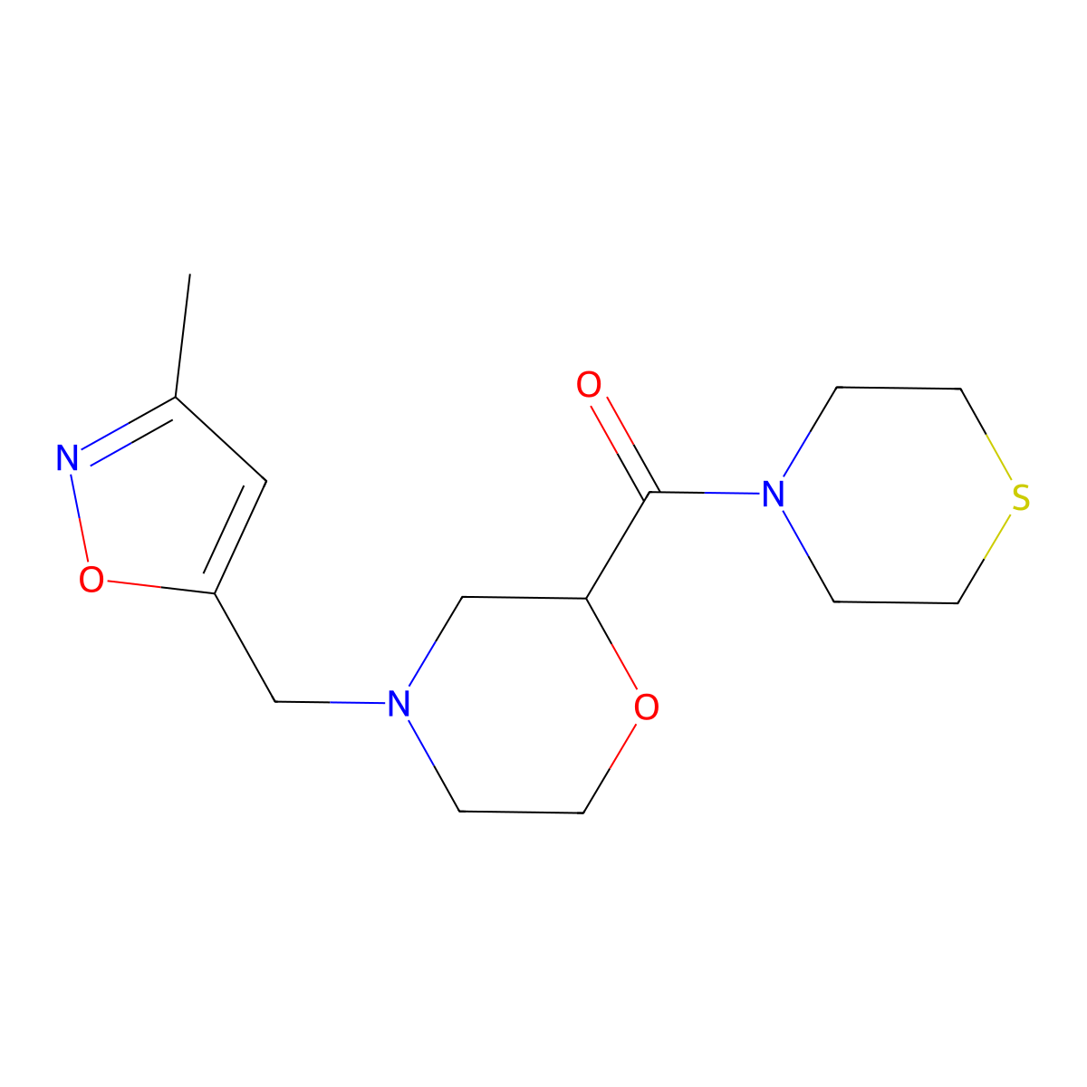 4-[(3-Methyl-1,2-oxazol-5-yl)methyl]-2-(thiomorpholine-4-carbonyl)morpholine molecular structure, CAS 2415630-21-4