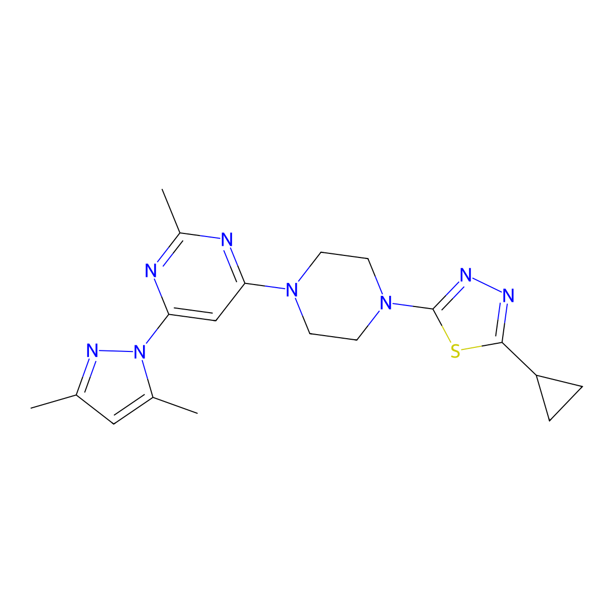 4-[4-(5-cyclopropyl-1,3,4-thiadiazol-2-yl)piperazin-1-yl]-6-(3,5-dimethyl-1H-pyrazol-1-yl)-2-methylpyrimidine molecular structure, CAS 2415630-25-8