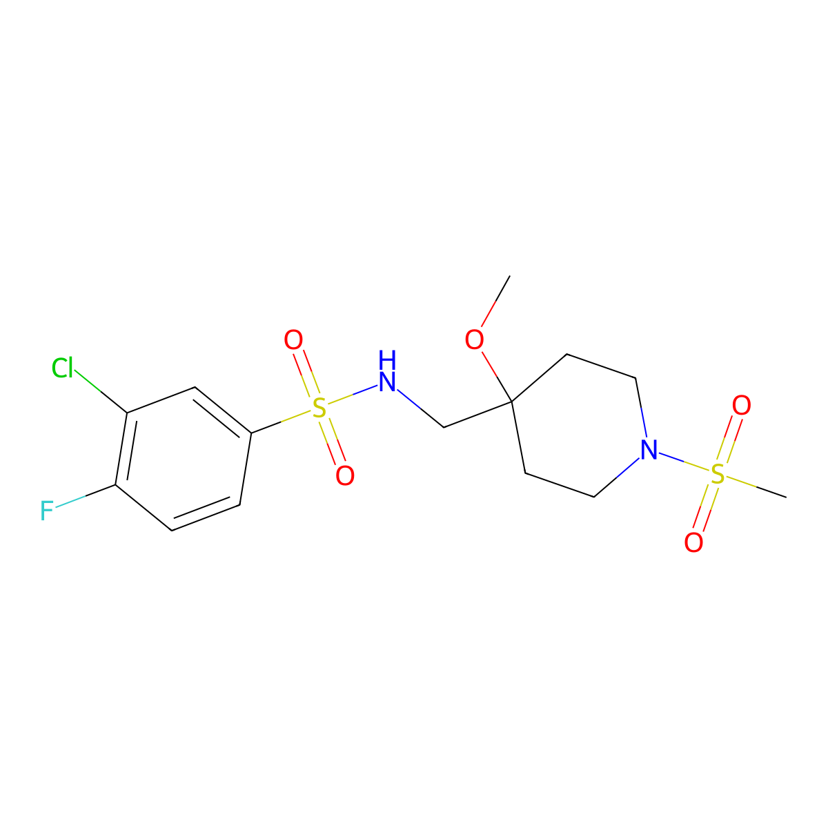 3-chloro-4-fluoro-N-[(1-methanesulfonyl-4-methoxypiperidin-4-yl)methyl]benzene-1-sulfonamide molecular structure, CAS 2415630-28-1