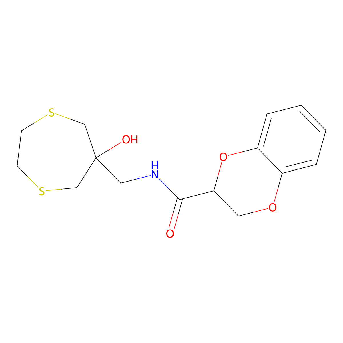 N-[(6-hydroxy-1,4-dithiepan-6-yl)methyl]-2,3-dihydro-1,4-benzodioxine-2-carboxamide molecular structure, CAS 2415630-29-2