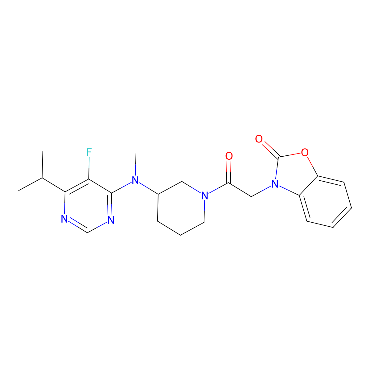 3-[2-(3-{[5-Fluoro-6-(propan-2-yl)pyrimidin-4-yl](methyl)amino}piperidin-1-yl)-2-oxoethyl]-2,3-dihydro-1,3-benzoxazol-2-one molecular structure, CAS 2415630-38-3