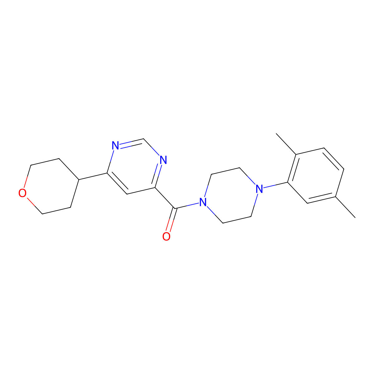 4-[4-(2,5-Dimethylphenyl)piperazine-1-carbonyl]-6-(oxan-4-yl)pyrimidine molecular structure, CAS 2415630-47-4