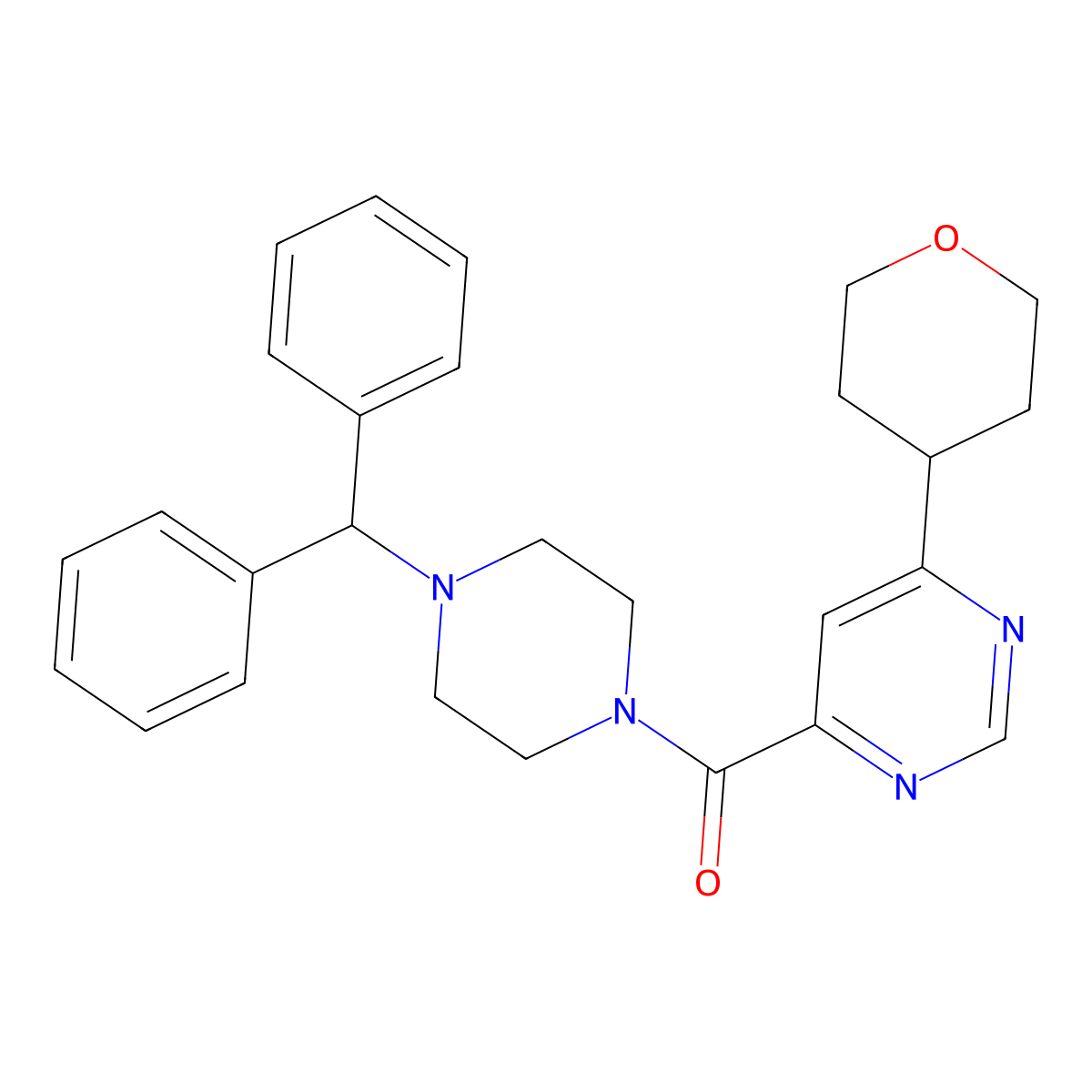 4-[4-(Diphenylmethyl)piperazine-1-carbonyl]-6-(oxan-4-yl)pyrimidine molecular structure, CAS 2415630-53-2