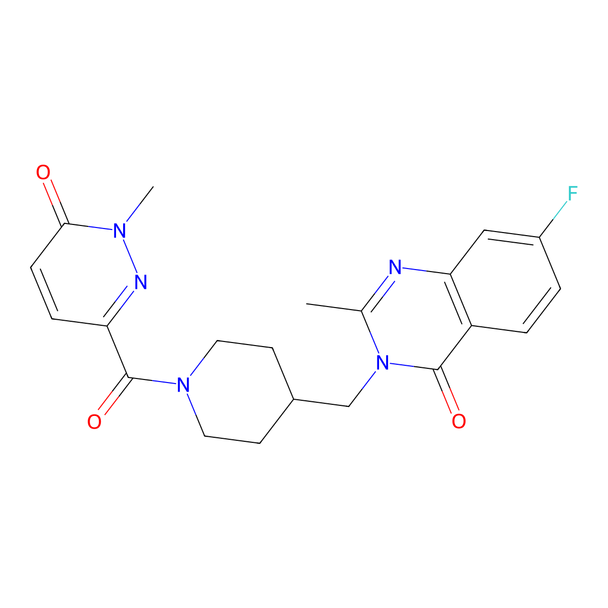 7-Fluoro-2-methyl-3-{[1-(1-methyl-6-oxo-1,6-dihydropyridazine-3-carbonyl)piperidin-4-yl]methyl}-3,4-dihydroquinazolin-4-one molecular structure, CAS 2415630-74-7