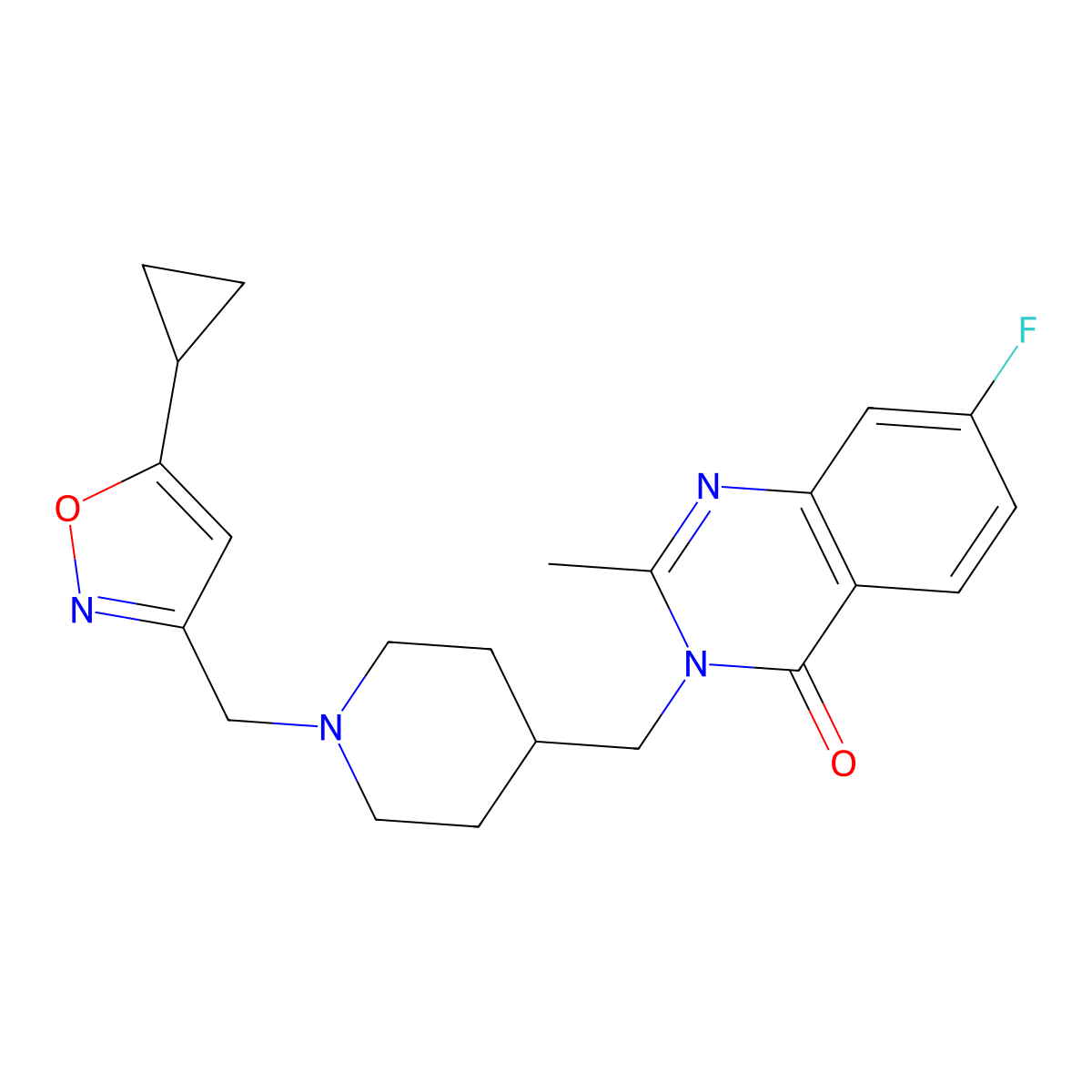 3-({1-[(5-Cyclopropyl-1,2-oxazol-3-yl)methyl]piperidin-4-yl}methyl)-7-fluoro-2-methyl-3,4-dihydroquinazolin-4-one molecular structure, CAS 2415630-75-8
