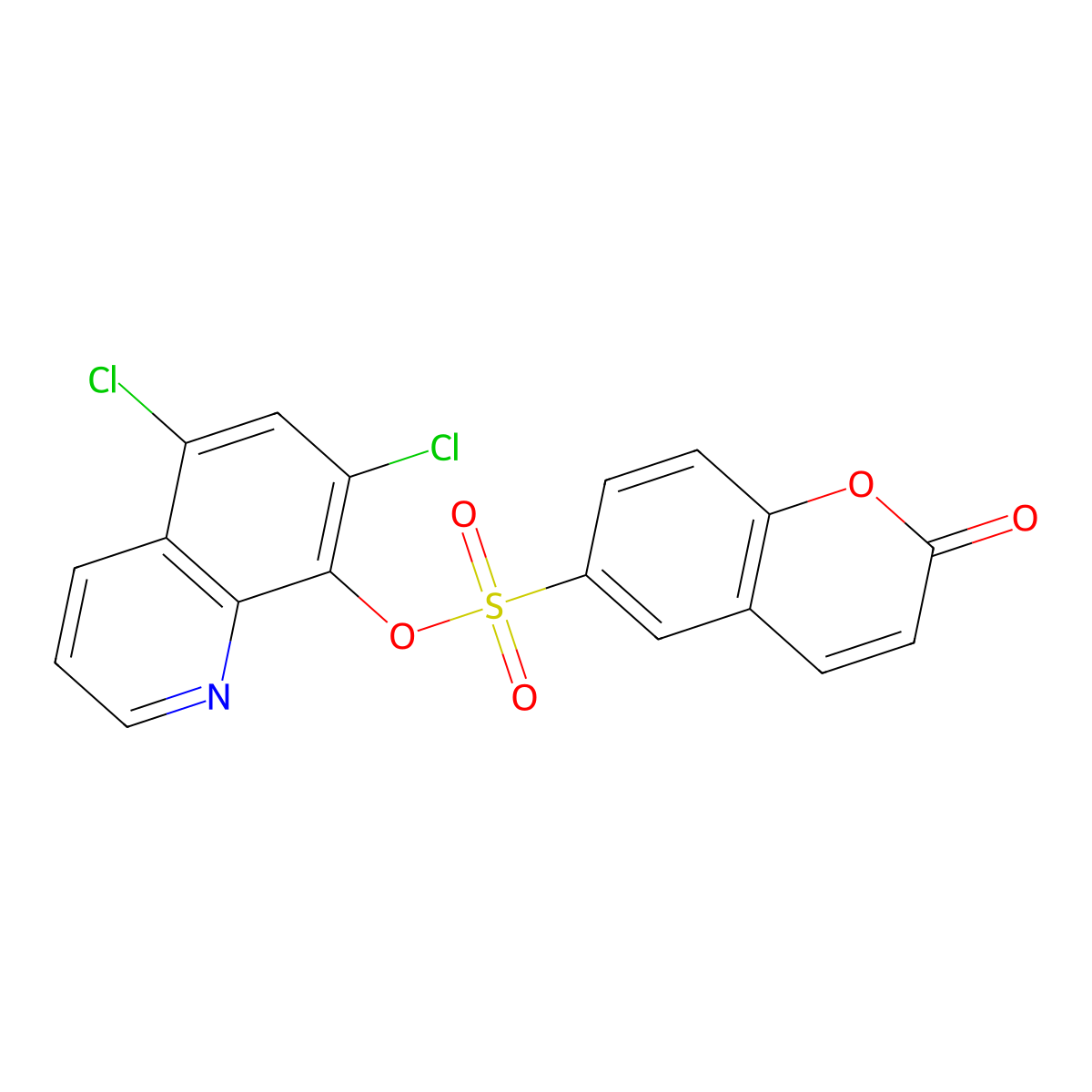 (5,7-Dichloroquinolin-8-yl) 2-oxochromene-6-sulfonate molecular structure, CAS 2415630-76-9