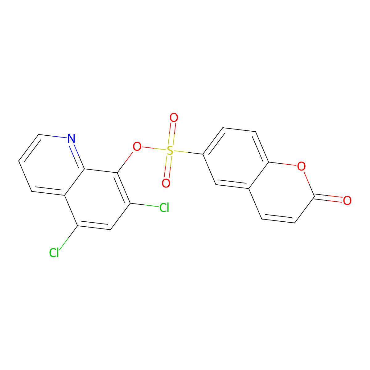 (5,7-Dichloroquinolin-8-yl) 2-oxochromene-6-sulfonate molecular structure, CAS 2415630-76-9
