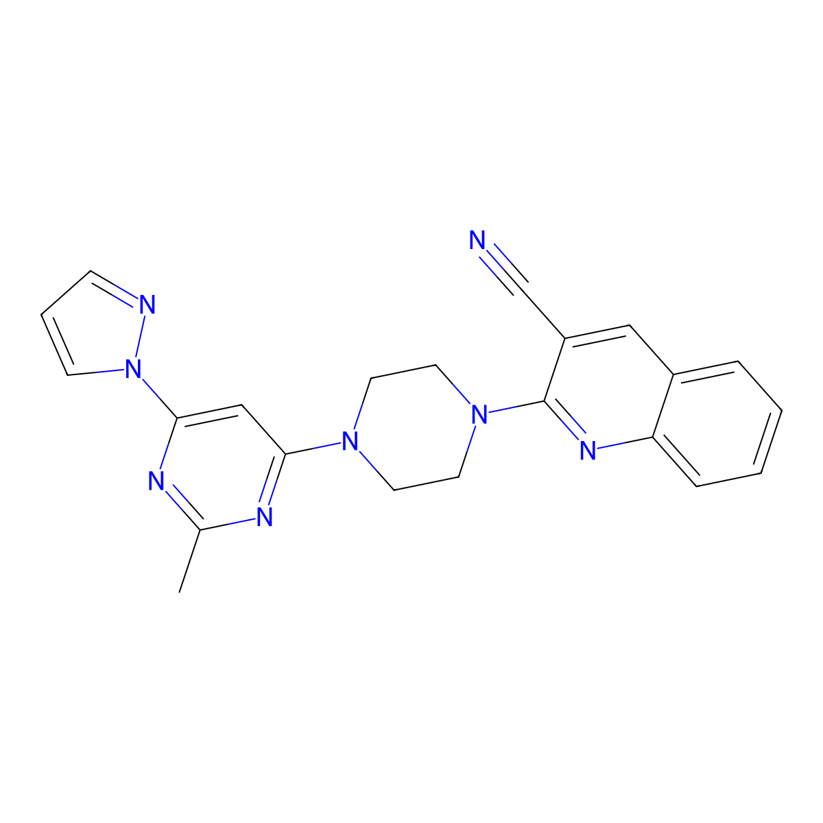 2-{4-[2-methyl-6-(1H-pyrazol-1-yl)pyrimidin-4-yl]piperazin-1-yl}quinoline-3-carbonitrile molecular structure, CAS 2415630-77-0