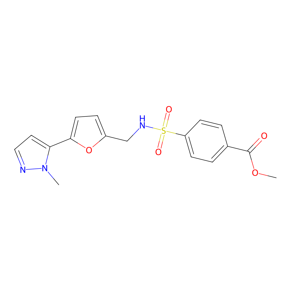 methyl 4-({[5-(1-methyl-1H-pyrazol-5-yl)furan-2-yl]methyl}sulfamoyl)benzoate molecular structure, CAS 2415630-80-5
