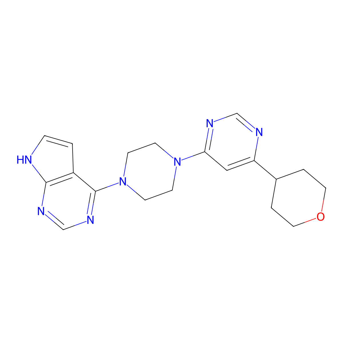4-(oxan-4-yl)-6-(4-{7H-pyrrolo[2,3-d]pyrimidin-4-yl}piperazin-1-yl)pyrimidine molecular structure, CAS 2415630-95-2