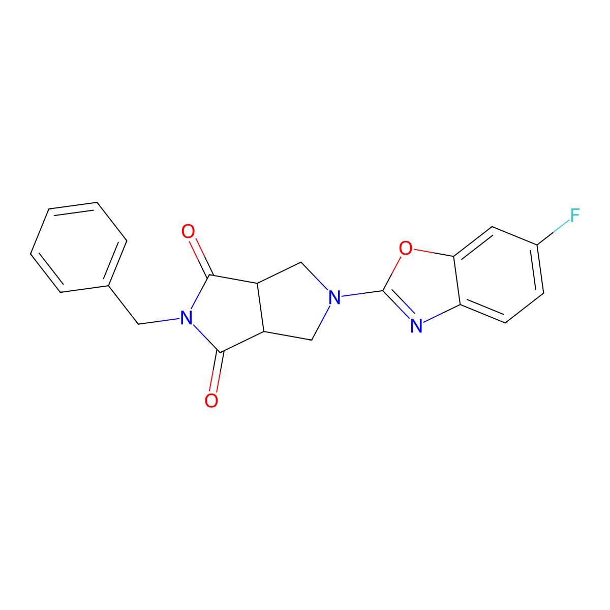 2-Benzyl-5-(6-fluoro-1,3-benzoxazol-2-yl)-octahydropyrrolo[3,4-c]pyrrole-1,3-dione molecular structure, CAS 2415631-02-4