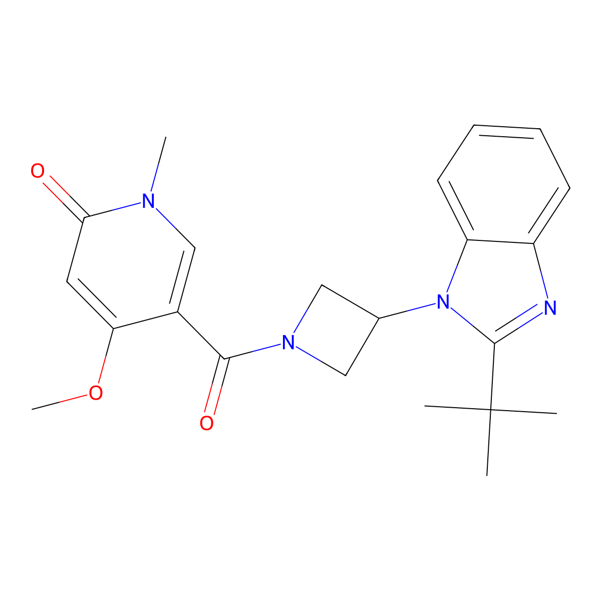 5-[3-(2-tert-butyl-1H-1,3-benzodiazol-1-yl)azetidine-1-carbonyl]-4-methoxy-1-methyl-1,2-dihydropyridin-2-one molecular structure, CAS 2415631-04-6