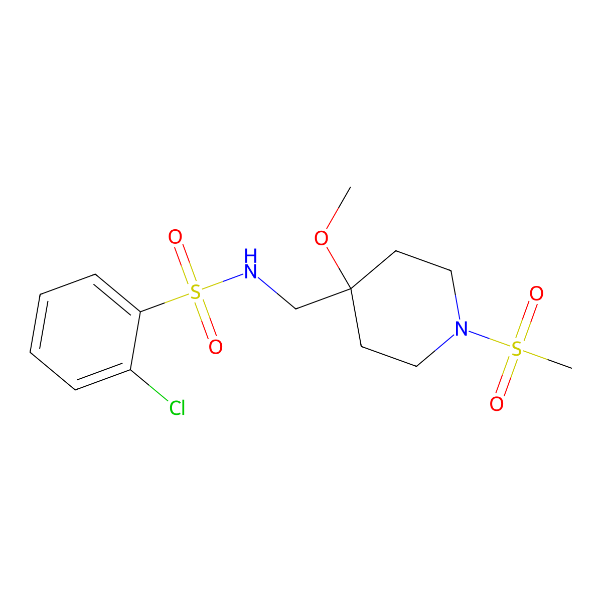 2-chloro-N-[(1-methanesulfonyl-4-methoxypiperidin-4-yl)methyl]benzene-1-sulfonamide molecular structure, CAS 2415631-12-6