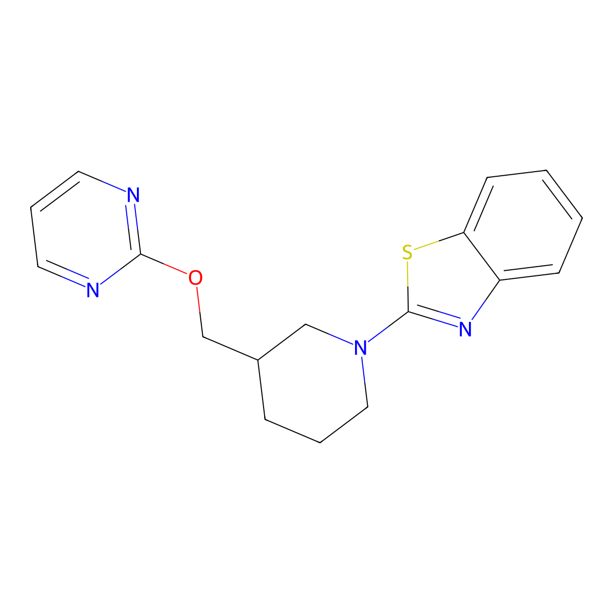 2-{3-[(Pyrimidin-2-yloxy)methyl]piperidin-1-yl}-1,3-benzothiazole molecular structure, CAS 2415631-15-9
