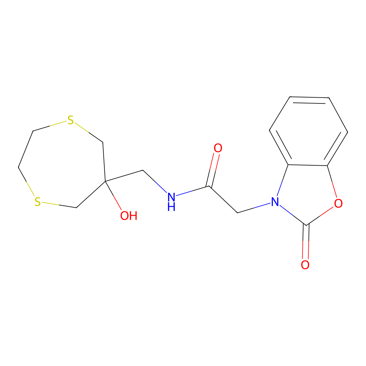 N-[(6-hydroxy-1,4-dithiepan-6-yl)methyl]-2-(2-oxo-2,3-dihydro-1,3-benzoxazol-3-yl)acetamide molecular structure, CAS 2415631-28-4