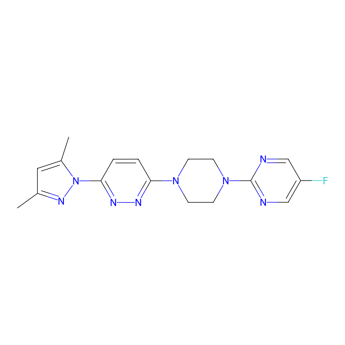 3-(3,5-dimethyl-1H-pyrazol-1-yl)-6-[4-(5-fluoropyrimidin-2-yl)piperazin-1-yl]pyridazine molecular structure, CAS 2415631-29-5