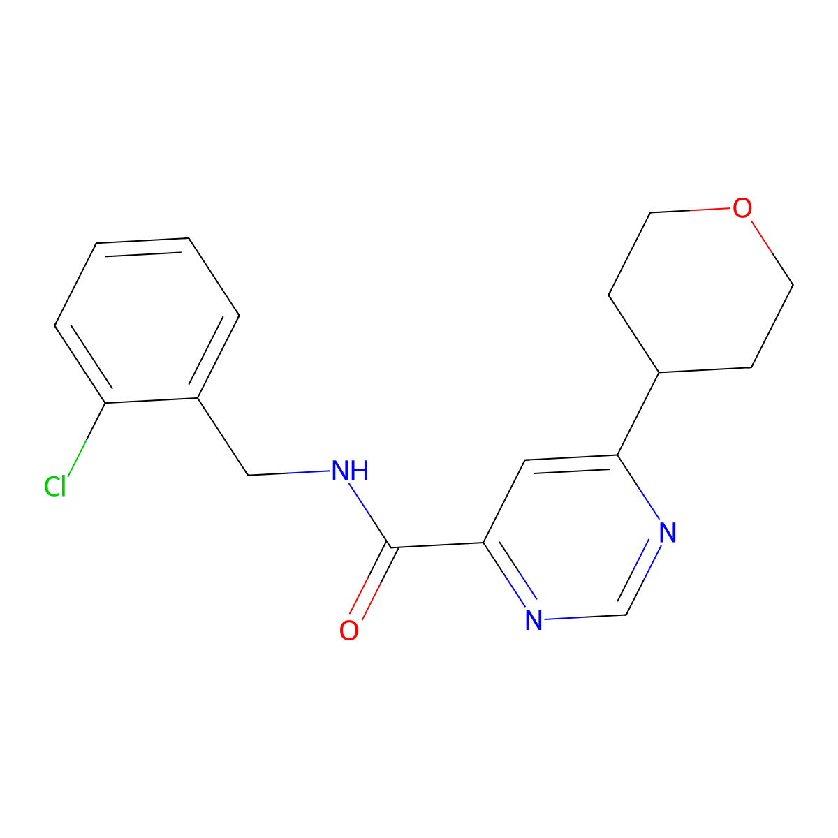 N-[(2-Chlorophenyl)methyl]-6-(oxan-4-yl)pyrimidine-4-carboxamide molecular structure, CAS 2415631-40-0