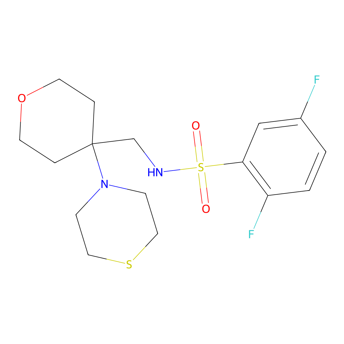 2,5-difluoro-N-{[4-(thiomorpholin-4-yl)oxan-4-yl]methyl}benzene-1-sulfonamide molecular structure, CAS 2415631-48-8