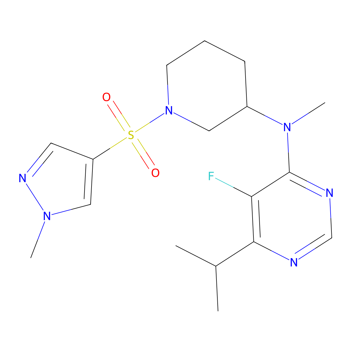 5-fluoro-N-methyl-N-{1-[(1-methyl-1H-pyrazol-4-yl)sulfonyl]piperidin-3-yl}-6-(propan-2-yl)pyrimidin-4-amine molecular structure, CAS 2415631-51-3