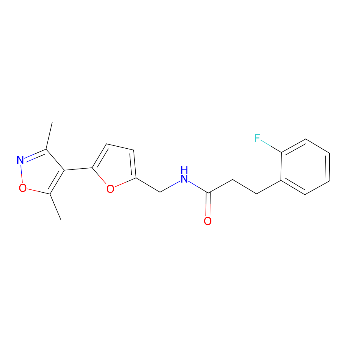 N-{[5-(3,5-dimethyl-1,2-oxazol-4-yl)furan-2-yl]methyl}-3-(2-fluorophenyl)propanamide molecular structure, CAS 2415631-53-5
