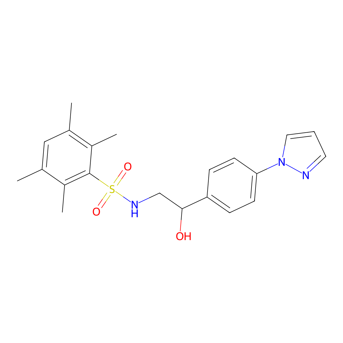 N-{2-hydroxy-2-[4-(1H-pyrazol-1-yl)phenyl]ethyl}-2,3,5,6-tetramethylbenzene-1-sulfonamide molecular structure, CAS 2415631-87-5