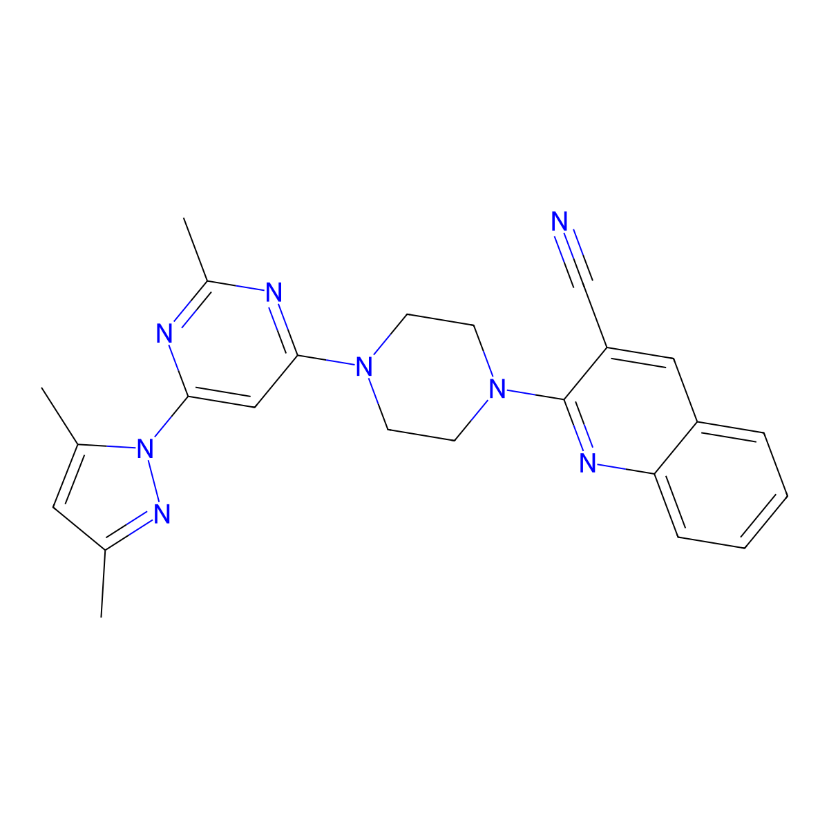 2-{4-[6-(3,5-dimethyl-1H-pyrazol-1-yl)-2-methylpyrimidin-4-yl]piperazin-1-yl}quinoline-3-carbonitrile molecular structure, CAS 2415631-88-6