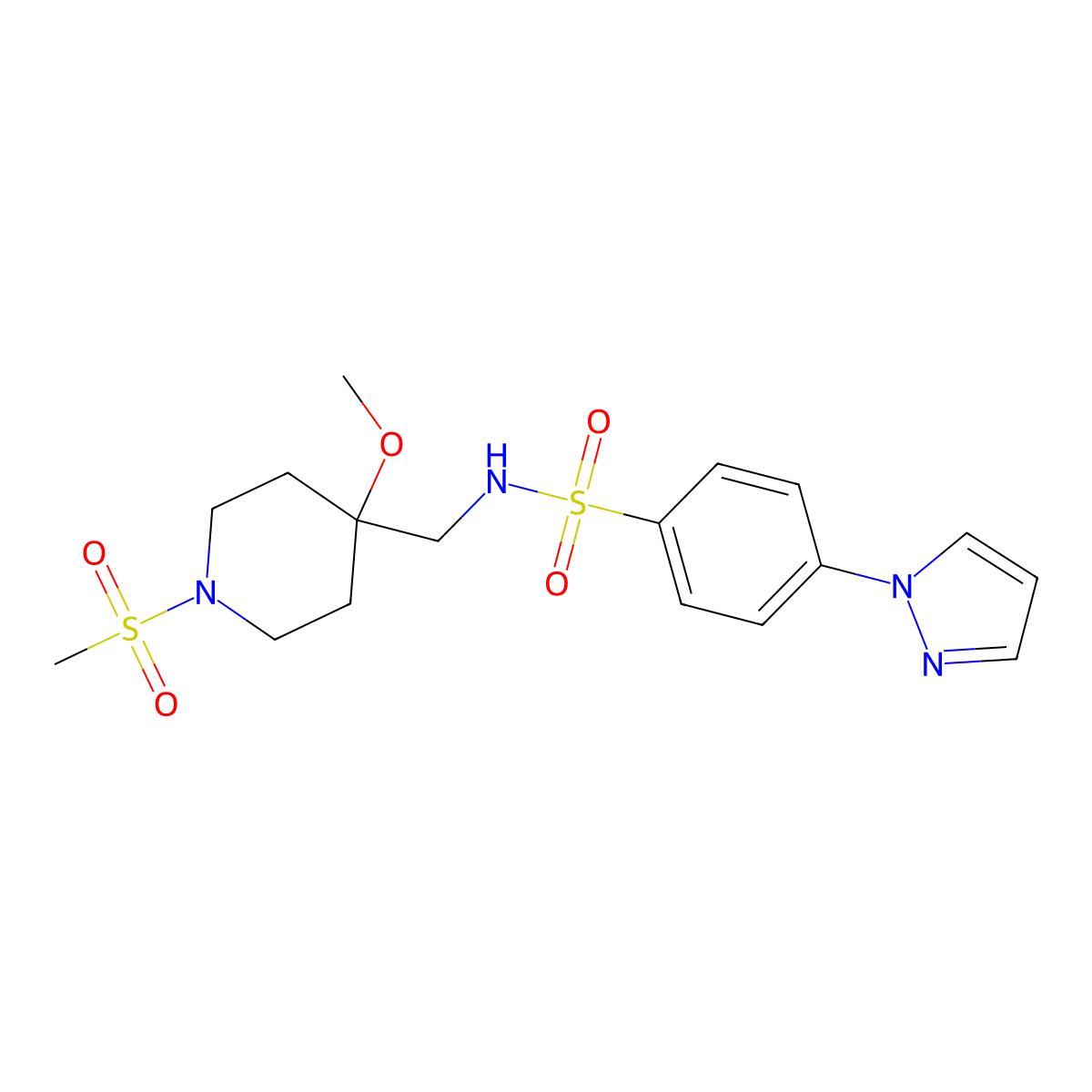 N-[(1-methanesulfonyl-4-methoxypiperidin-4-yl)methyl]-4-(1H-pyrazol-1-yl)benzene-1-sulfonamide molecular structure, CAS 2415631-94-4