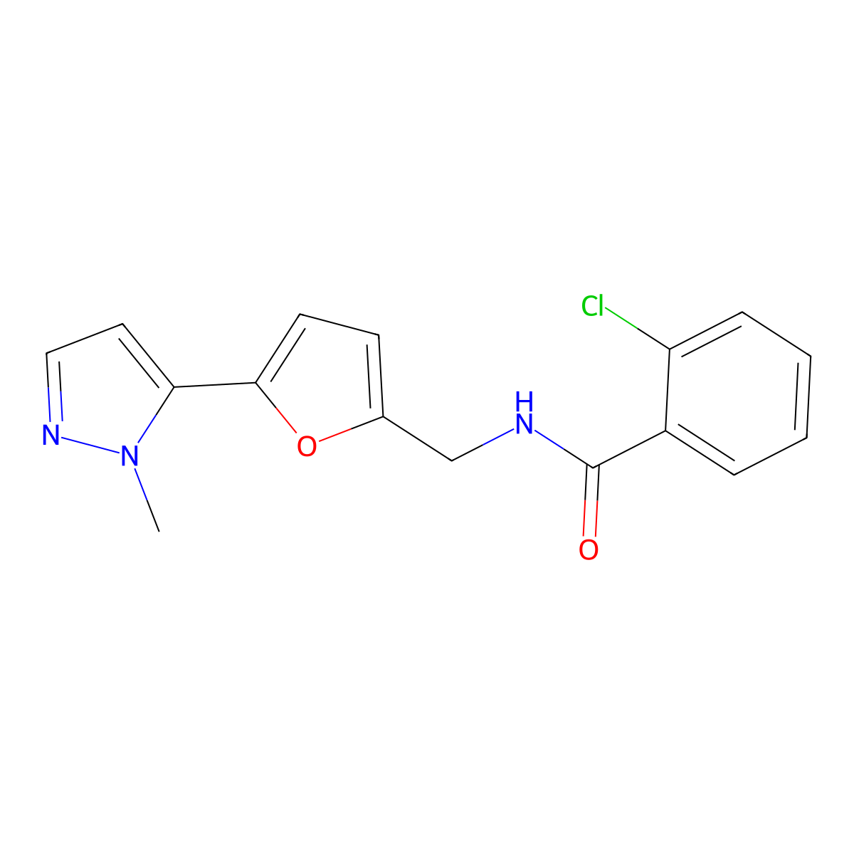 2-chloro-N-{[5-(1-methyl-1H-pyrazol-5-yl)furan-2-yl]methyl}benzamide molecular structure, CAS 2415632-04-9