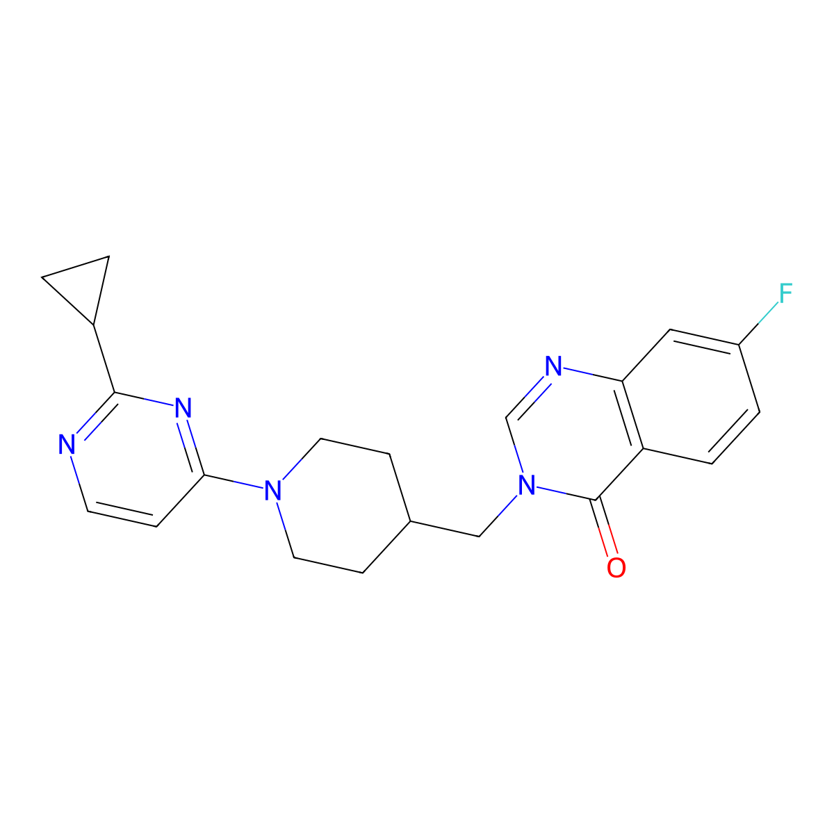 3-{[1-(2-Cyclopropylpyrimidin-4-yl)piperidin-4-yl]methyl}-7-fluoro-3,4-dihydroquinazolin-4-one molecular structure, CAS 2415632-11-8