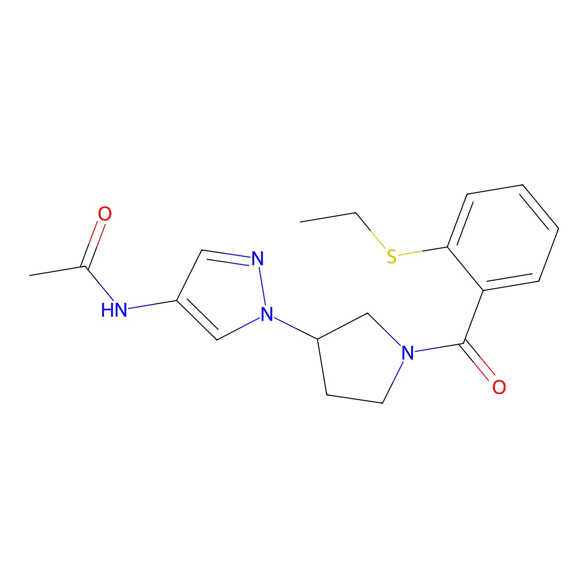N-(1-{1-[2-(ethylsulfanyl)benzoyl]pyrrolidin-3-yl}-1H-pyrazol-4-yl)acetamide molecular structure, CAS 2415632-24-3
