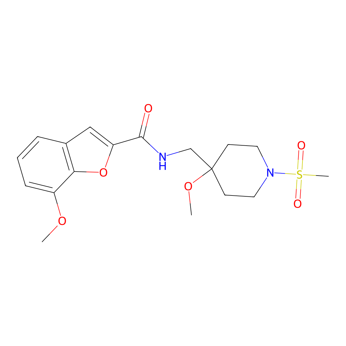 N-[(1-methanesulfonyl-4-methoxypiperidin-4-yl)methyl]-7-methoxy-1-benzofuran-2-carboxamide molecular structure, CAS 2415632-27-6