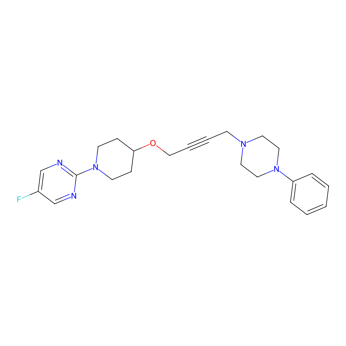5-Fluoro-2-(4-{[4-(4-phenylpiperazin-1-yl)but-2-yn-1-yl]oxy}piperidin-1-yl)pyrimidine molecular structure, CAS 2415632-34-5