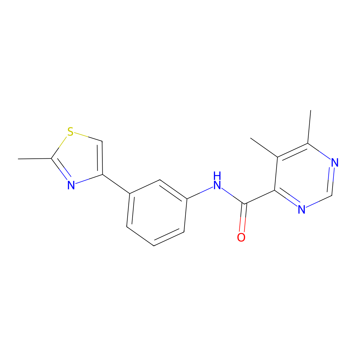 5,6-dimethyl-N-[3-(2-methyl-1,3-thiazol-4-yl)phenyl]pyrimidine-4-carboxamide molecular structure, CAS 2415632-45-8