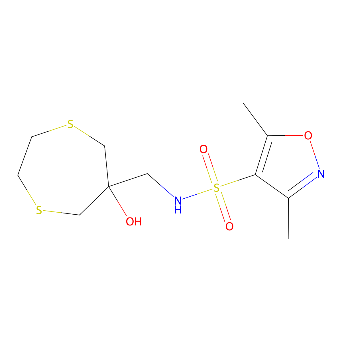 N-[(6-Hydroxy-1,4-dithiepan-6-yl)methyl]-3,5-dimethyl-1,2-oxazole-4-sulfonamide molecular structure, CAS 2415632-47-0