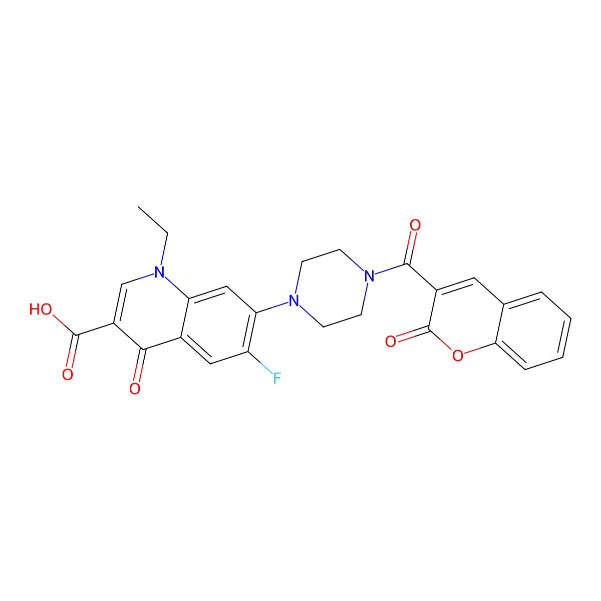 1-ethyl-6-fluoro-4-oxo-7-[4-(2-oxo-2H-chromene-3-carbonyl)piperazin-1-yl]-1,4-dihydroquinoline-3-carboxylic acid molecular structure, CAS 2415632-48-1