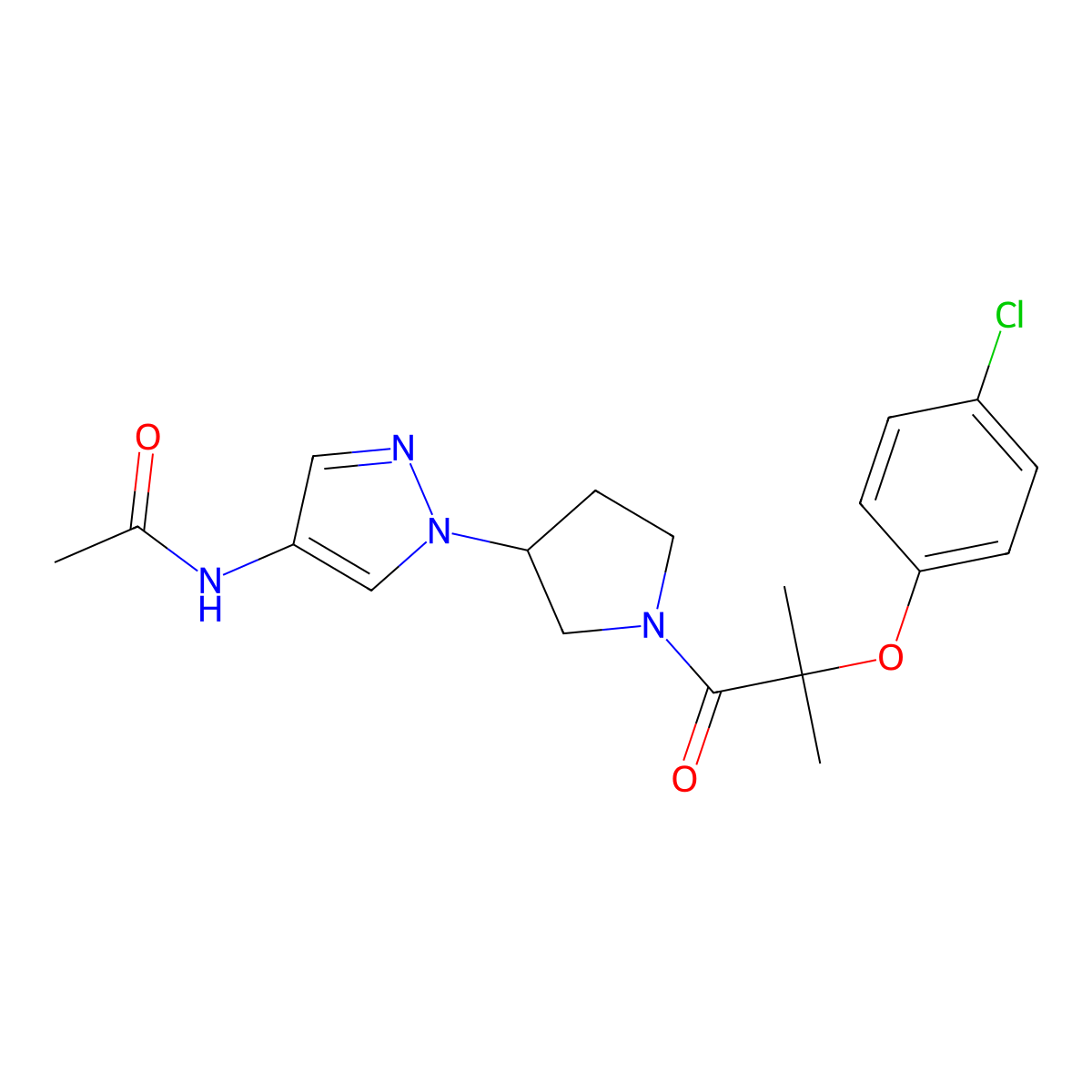 N-(1-{1-[2-(4-chlorophenoxy)-2-methylpropanoyl]pyrrolidin-3-yl}-1H-pyrazol-4-yl)acetamide molecular structure, CAS 2415632-59-4