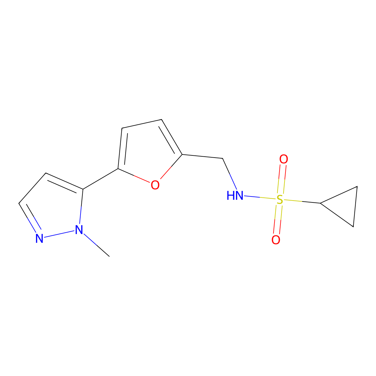 N-{[5-(1-methyl-1H-pyrazol-5-yl)furan-2-yl]methyl}cyclopropanesulfonamide molecular structure, CAS 2415632-63-0