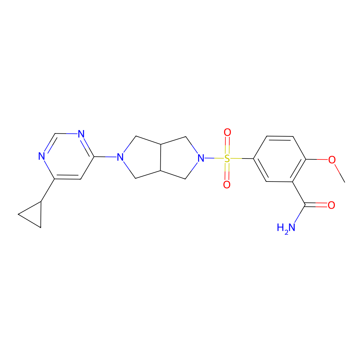 5-{[5-(6-Cyclopropylpyrimidin-4-yl)-octahydropyrrolo[3,4-c]pyrrol-2-yl]sulfonyl}-2-methoxybenzamide molecular structure, CAS 2415632-67-4