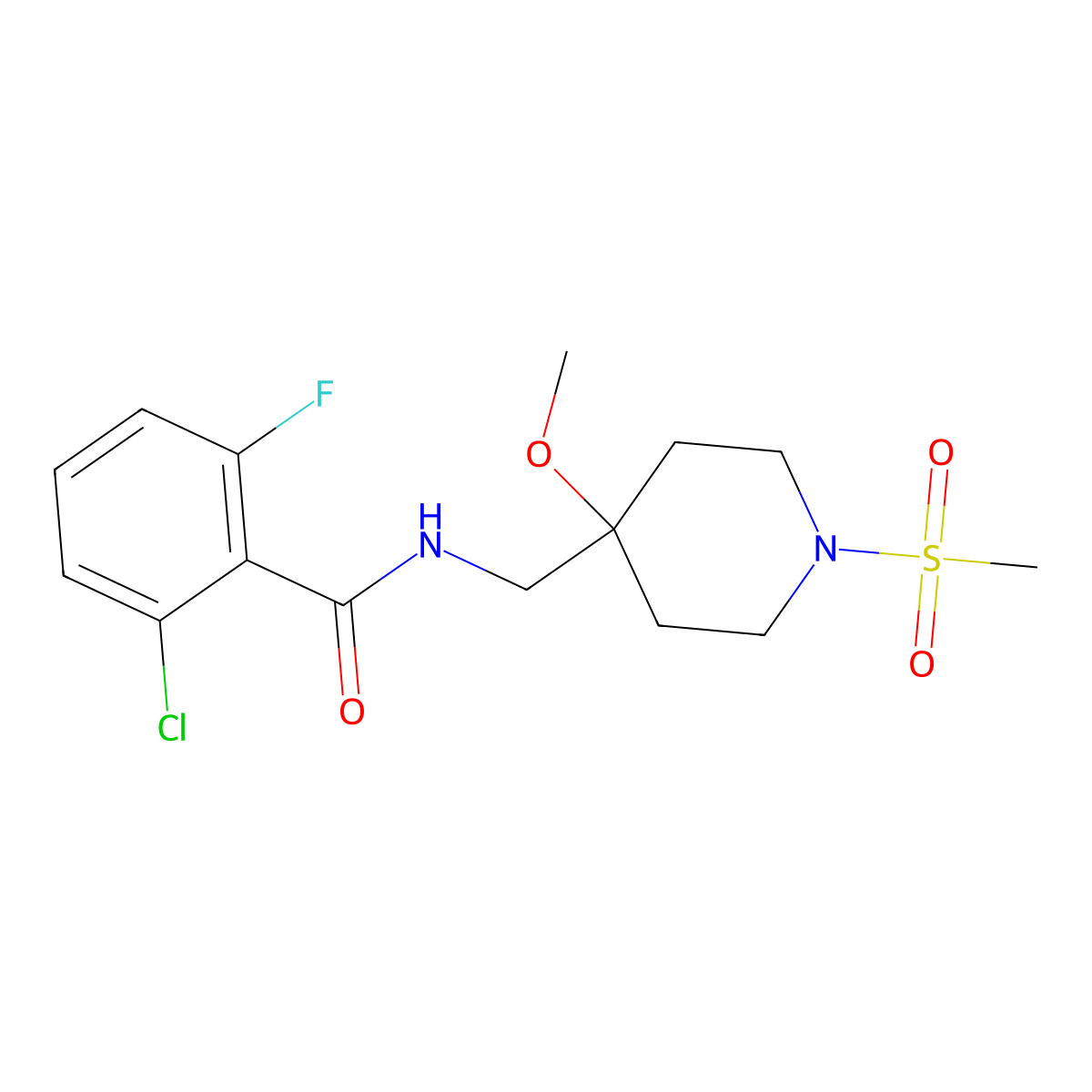 2-chloro-6-fluoro-N-[(1-methanesulfonyl-4-methoxypiperidin-4-yl)methyl]benzamide molecular structure, CAS 2415632-90-3