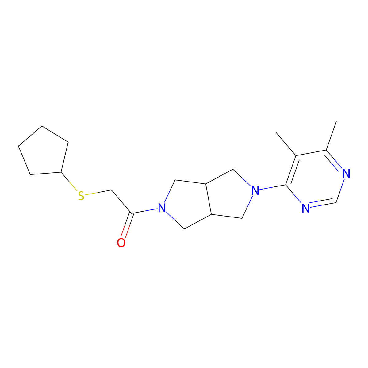 2-(Cyclopentylsulfanyl)-1-[5-(5,6-dimethylpyrimidin-4-yl)-octahydropyrrolo[3,4-c]pyrrol-2-yl]ethan-1-one molecular structure, CAS 2415632-93-6