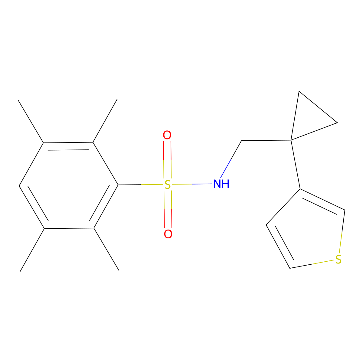 2,3,5,6-tetramethyl-N-{[1-(thiophen-3-yl)cyclopropyl]methyl}benzene-1-sulfonamide molecular structure, CAS 2415632-99-2
