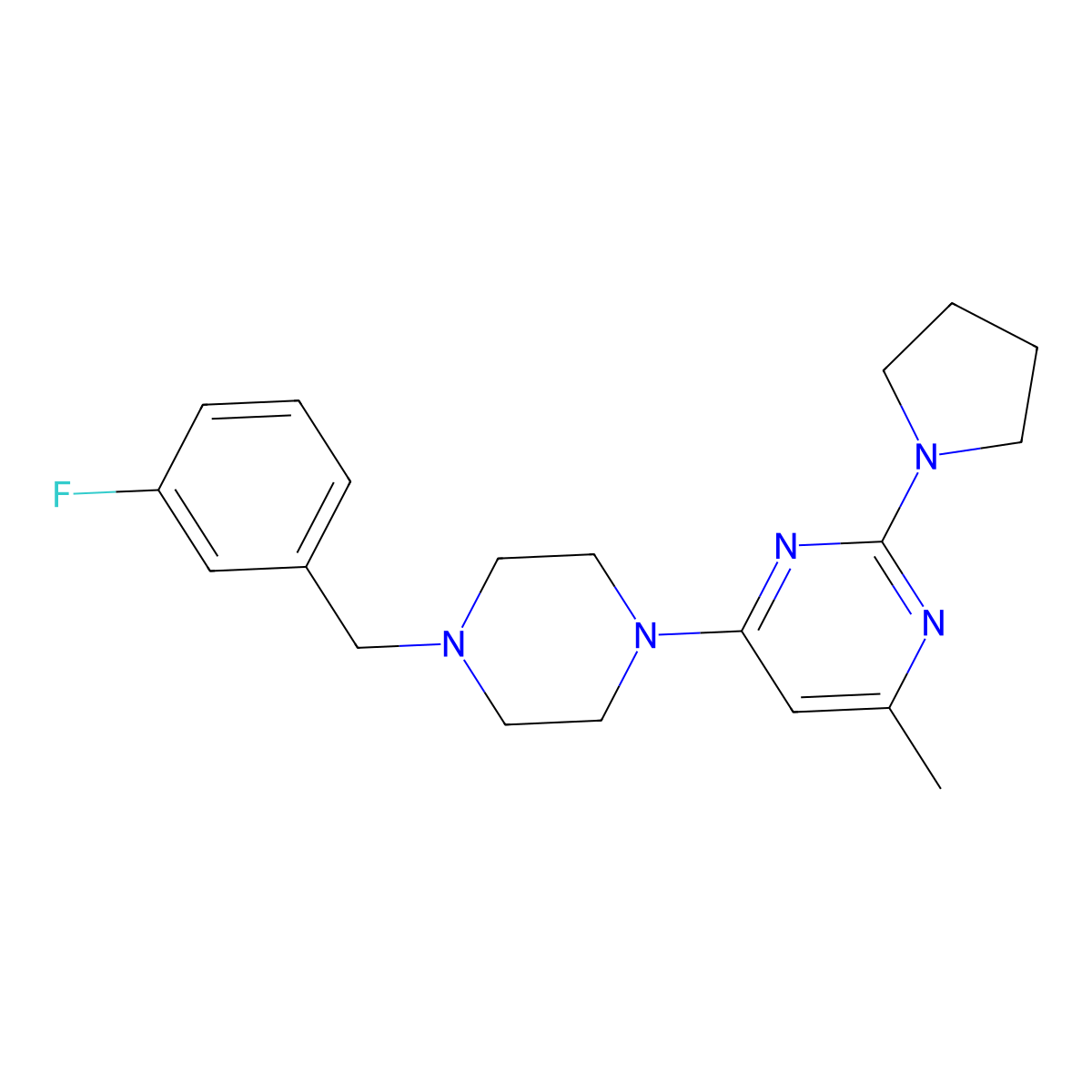 4-{4-[(3-Fluorophenyl)methyl]piperazin-1-yl}-6-methyl-2-(pyrrolidin-1-yl)pyrimidine molecular structure, CAS 2415633-05-3