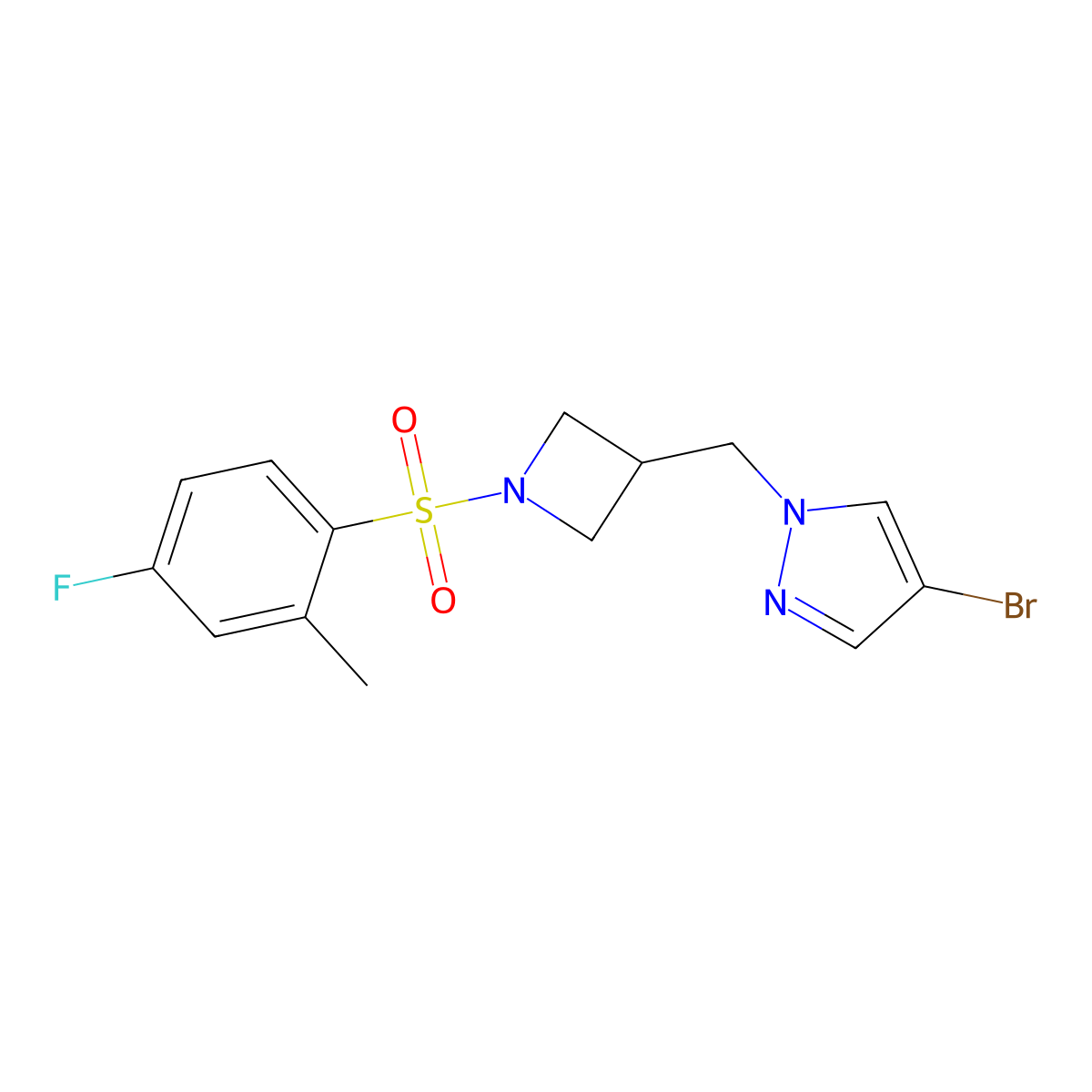 4-bromo-1-{[1-(4-fluoro-2-methylbenzenesulfonyl)azetidin-3-yl]methyl}-1H-pyrazole molecular structure, CAS 2415633-06-4